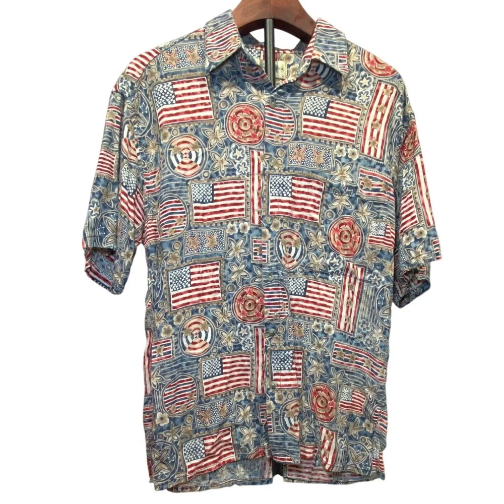 Campia Moda Mens American Flag Rayon Short Sleeve Button Down Shirt Blue‎ Red M